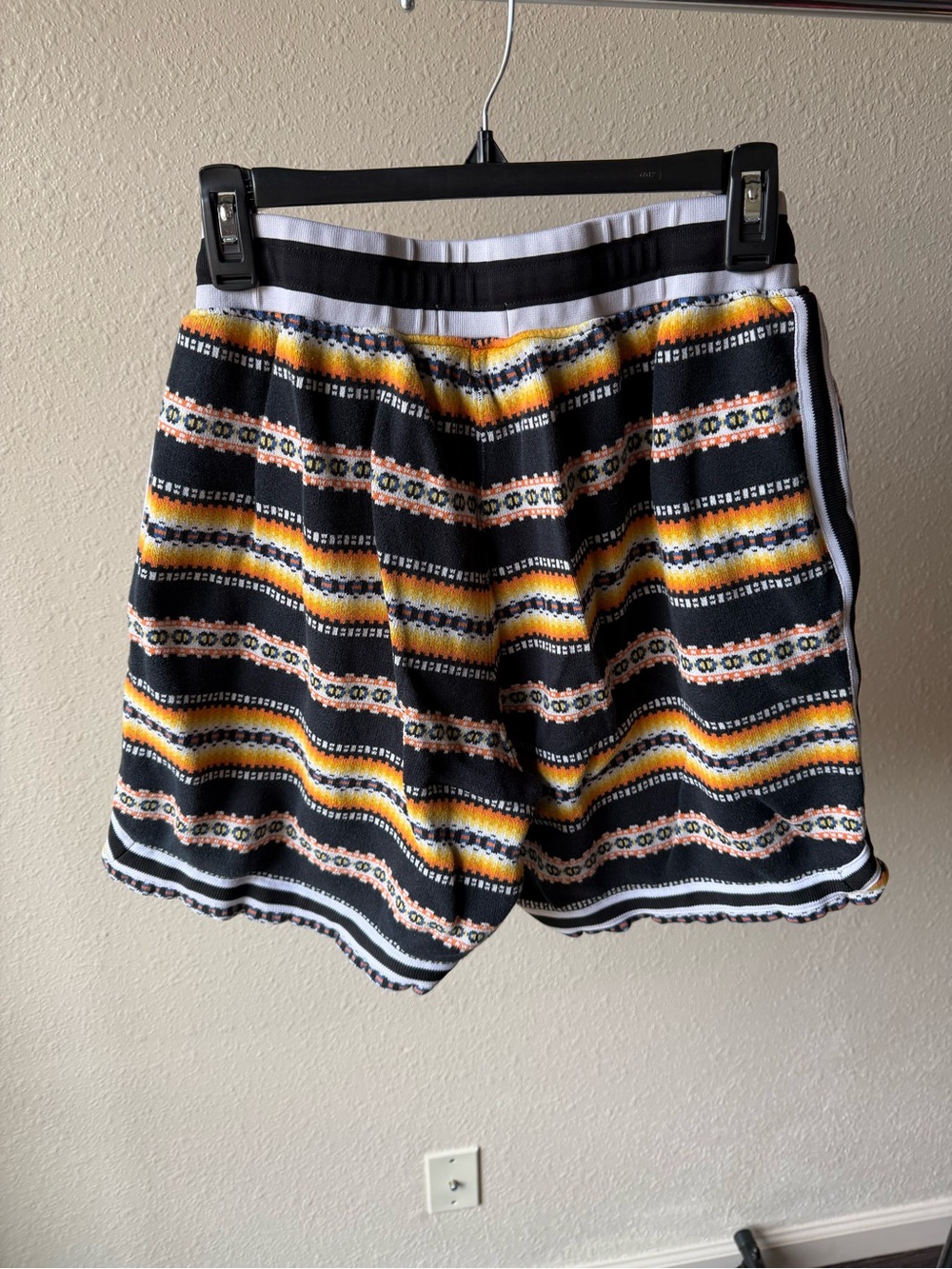 John Elliott Black Striped Knit Shorts with Yellow & White Accents